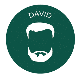 Logo David : Silhouette Barbe Homme Vert Foncé Silhouette blanche stylisée d'une tête d'homme avec barbe et cheveux, inscrite dans un cercle vert foncé avec le texte "DAVID" au-dessus.