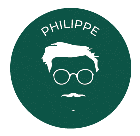 Logo PHILIPPE : Silhouette homme vintage avec moustache Silhouette blanche d'un homme avec moustache et lunettes rondes, sur fond vert foncé, avec le nom PHILIPPE inscrit en haut.
