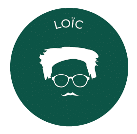 LOÏC : Icône stylisée d'un homme avec moustache et lunettes Silhouette blanche d'un homme avec moustache et lunettes rondes, sur fond vert foncé, avec le nom LOÏC écrit en blanc au-dessus.